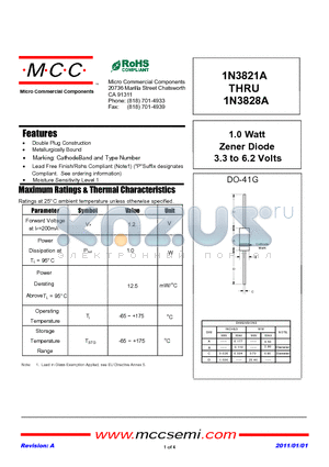 1N3822A datasheet - 1.0 Watt Zener Diode 3.3 to 6.2 Volts