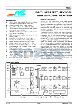 AS3502 datasheet - 13-BIT LINEAR FEATURE CODEC WITH ANALOGUE FRONTEND