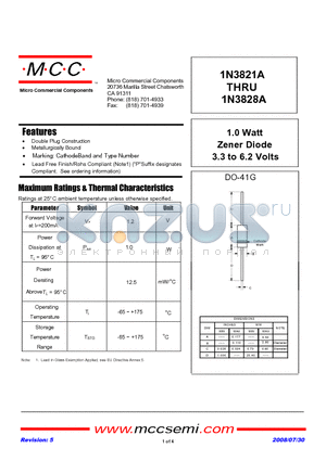 1N3825 datasheet - 1.0 Watt Zener Diode 3.3 to 6.2 Volts