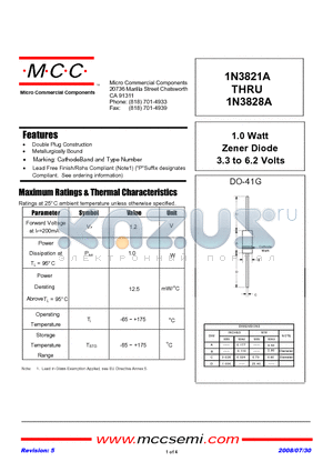 1N3825A datasheet - 1.0 Watt Zener Diode 3.3 to 6.2 Volts