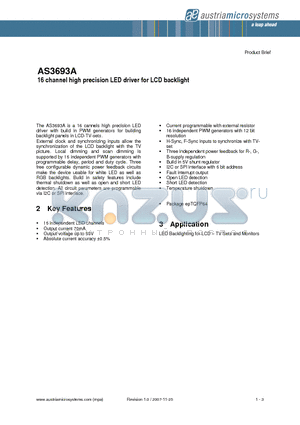 AS3693A datasheet - 16 channel high precision LED driver for LCD backlight