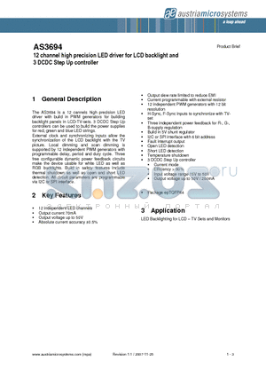 AS3694 datasheet - 12 channel high precision LED driver for LCD backlight and 3 DCDC Step Up controller