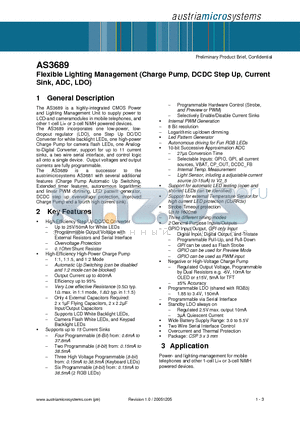AS3689 datasheet - Flexible Lighting Management (Charge Pump, DCDC Step Up, CurrentSink, ADC, LDO)
