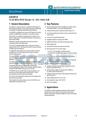 AS3910-BQFP datasheet - 13.56 MHz RFID Reader IC, ISO-14443 A/B