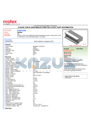 74301-5205 datasheet - 2.00mm (.079) Pitch HDM^ Board-to-Board Backplane Header, Vertical, SMC, Press-Fit, Extended PC Tail, Polar/Guide Option, 144 Circuits