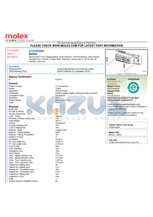74320-3000 datasheet - MicroCross DVI-I Digital/Analog Visual Interface, PCB Receptacle, Panel Mount, Through Hole, Vertical