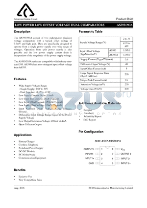 AS393P-E1 datasheet - LOW POWER LOW OFFSET VOLTAGE DUAL COMPARATORS