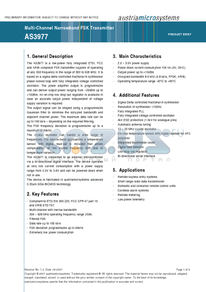 AS3977 datasheet - Multi-Channel Narrowband FSK Transmitter