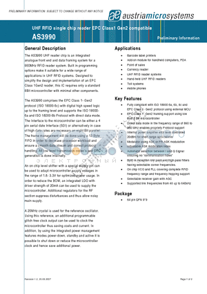 AS3990 datasheet - UHF RFID single chip reader EPC Class1 Gen2 compatible