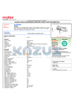 74320-4807 datasheet - MicroCross DVI-D Digital Visual Interface, PCB Receptacle, Polyester (PCT), PanelMount, Through Hole, Right Angle, Gold (Au) Flash, 3.12mm (.123