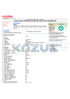 74320-7000 datasheet - MicroCross DVI-D Digital Visual Interface, PCB Receptacle, Through Hole, Vertical,Gold (Au) Flash, 2.79mm(.110