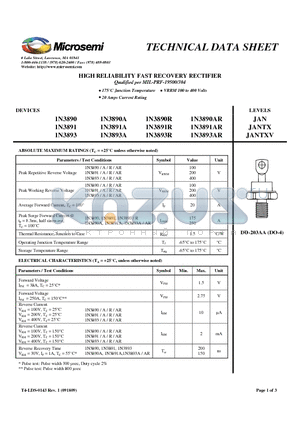 1N3890_10 datasheet - HIGH RELIABILITY FAST RECOVERY RECTIFIER