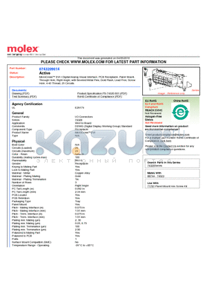 74320-9014 datasheet - MicroCross DVI-I Digital/Analog Visual Interface, PCB Receptacle, Panel MountThrough Hole, Right Angle, with Beveled Metal Pins, Gold Flash, Lead Free, Screw