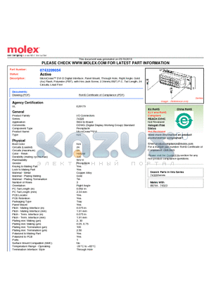 74320-9054 datasheet - MicroCross DVI-D Digital Interface, Panel Mount, Through Hole, Right Angle, Gold(Au) Flash, Polyester (PBT), with Hex Jack Screw, 2.34mm(.092