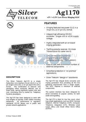 AG1170 datasheet - 5V / 3.3V Low Power Ringing SLIC