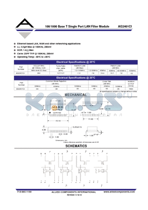 AG2401CI datasheet - 100/1000 Base T Single Port LAN Filter Module
