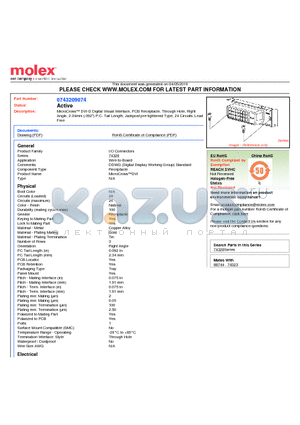 74320-9074 datasheet - MicroCross DVI-D Digital Visual Interface, PCB Receptacle, Through Hole, Right Angle, 2.34mm (.092