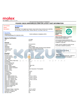 74323-2103 datasheet - MicroCross DVI Digital Dual Channel, High Volume Plug Connector Sub- assemblyfor PCB Mount, Gold (Au) Flash, Vertical, with key, 24 Circuits, Lead Free