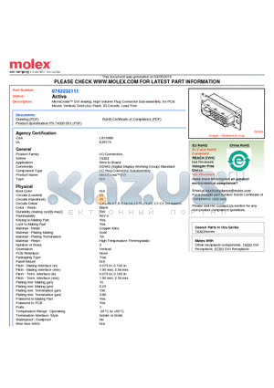 74323-2111 datasheet - MicroCross DVI Analog, High Volume Plug Connector Sub-assembly, for PCBMount, Vertical, Gold (Au) Flash, 23 Circuits, Lead Free