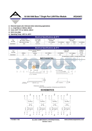 AG2436CI datasheet - 10/100/1000 Base T Single Port LAN Filter Module