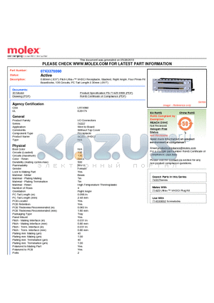 74337-0060 datasheet - 0.80mm (.031) Pitch Ultra VHDCI Receptacle, Stacked, Right Angle, Four Press-Fit Boardlocks, 136 Circuits, PC Tail Length 2.30mm (.091)