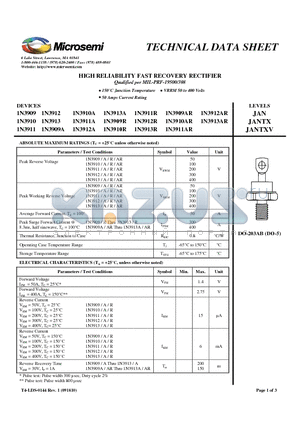 1N3909 datasheet - HIGH RELIABILITY FAST RECOVERY RECTIFIER