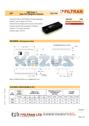 7439 datasheet - LAN 1000 Base T Dual Port Magnetic Modules