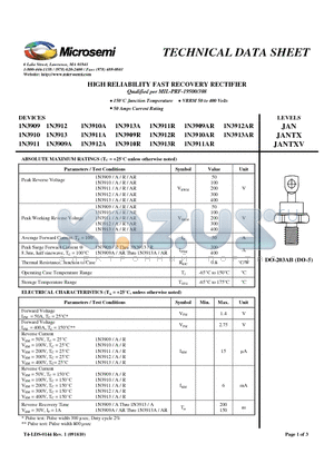 1N3911AR datasheet - HIGH RELIABILITY FAST RECOVERY RECTIFIER