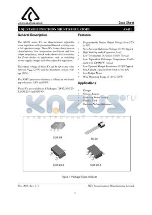 AS431AK-E1 datasheet - ADJUSTABLE PRECISION SHUNT REGULATORS