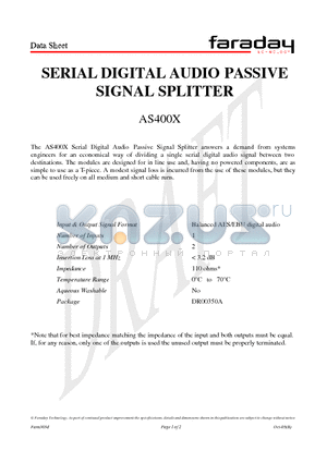 AS400X datasheet - SERIAL DIGITAL AUDIO PASSIVE SIGNAL SPLITTER