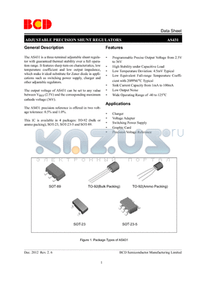 AS431AKTR-E1 datasheet - ADJUSTABLE PRECISION SHUNT REGULATORS