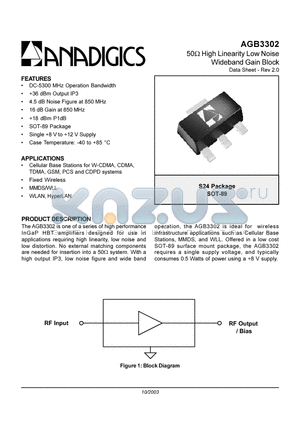 AGB3302 datasheet - 50 ohm HGIH LINEARITY LOW NOISE WIDEBAND GAIN BLOCK