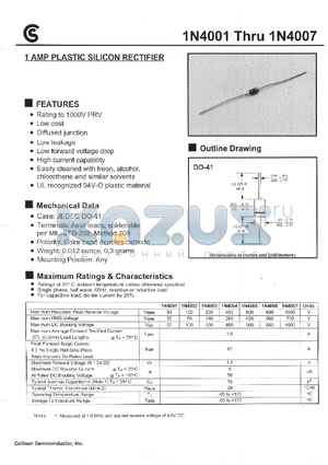 1N4001 datasheet - 1 AMP PLASTIC SILICON RECTIFIER