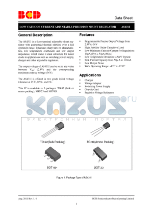 AS431IBNTR-G1 datasheet - LOW CATHODE CURRENT ADJUSTABLE PRECISION SHUNT REGULATOR