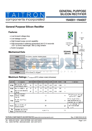 1N4001 datasheet - GENERAL PURPOSE SILICON RECTIFIER