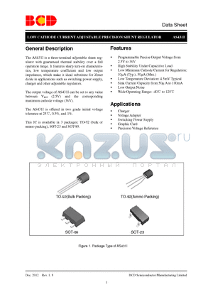 AS431IBRTR-G1 datasheet - LOW CATHODE CURRENT ADJUSTABLE PRECISION SHUNT REGULATOR