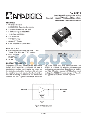 AGB3310 datasheet - 50 High Linearity Low Noise Internally Biased Wideband Gain Block