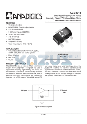 AGB3311S24Q1 datasheet - 50 High Linearity Low Noise Internally Biased Wideband Gain Block