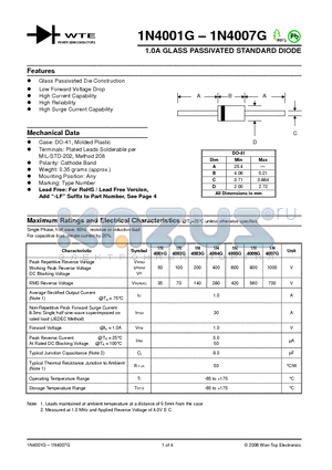 1N4001G datasheet - 1.0A GLASS PASSIVATED STANDARD DIODE