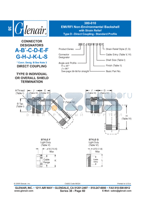 380AH010B18 datasheet - EMI/RFI Non-Environmental Backshell with Strain Relief