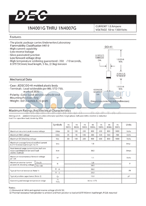 1N4001G datasheet - CURRENT 1.0 Ampere VOLTAGE 50 to 1300 Volts