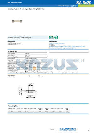 0034.0909 datasheet - Miniature Fuse, 5 x 20 mm, Super-Quick-Acting FF, 250 VAC