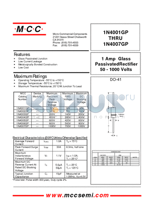1N4001GP datasheet - 1 Amp Glass PassivatedRectifier 50 - 1000 Volts