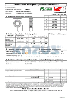 744103 datasheet - TOROIDAL LINE CHOKE WE-SI