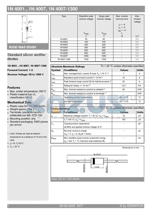 1N4002 datasheet - Standard silicon rectifier diodes