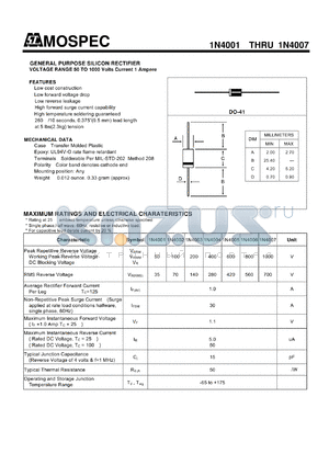 1N4002 datasheet - GENERAL PURPOSE SILICON RECTIFIER VOLTAGE RANGE 50 TO 1000 Volts Current 1 Ampere