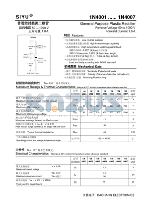 1N4002 datasheet - General Purpose Plastic Rectifier Reverse Voltage 50 to 1000 V Forward Current 1.0 A