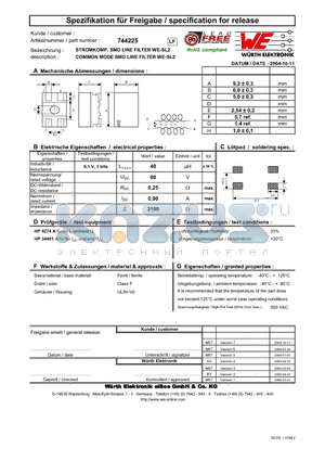 744225 datasheet - COMMON MODE SMD LINE FILTER WE-SL2