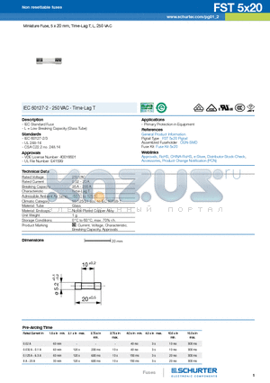 0034.3115 datasheet - Miniature Fuse, 5 x 20 mm, Time-Lag T, L, 250 VAC