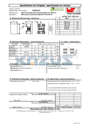 744233121 datasheet - SMD common mode noise suppressor WE-CNSW HF